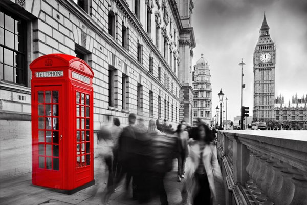 Over 55 Large Case Transfer. Image of a red telephone box on a black and white street with big ben in the background.